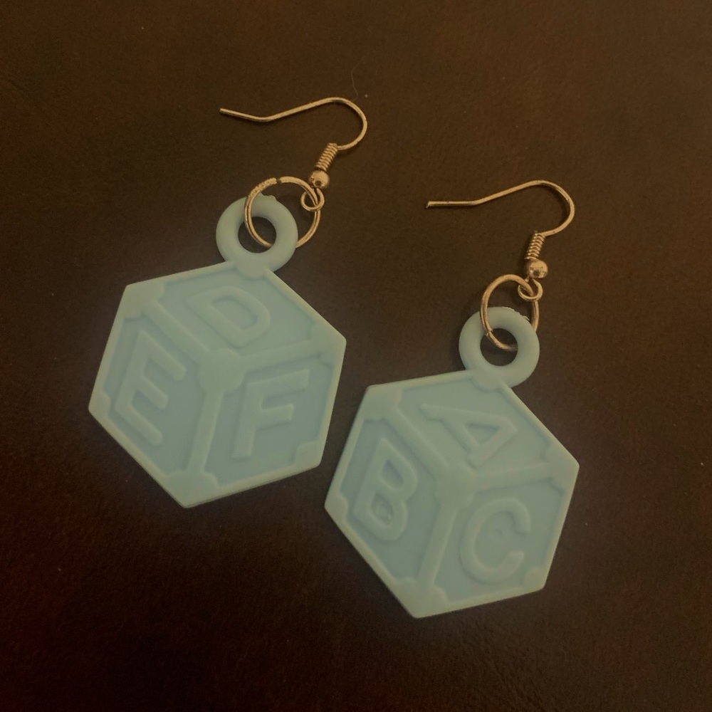 handmade blue ABC block earrings